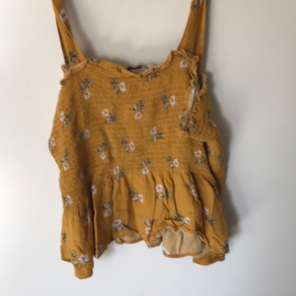 American Eagle Mustard Yellow Cropped Floral Peplum Stretch Square Neck Tank - Picture 4 of 6